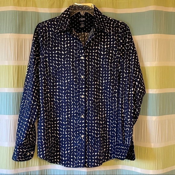 Chaps Polka Dot Button Down Top Blue & White Sz Small - Picture 5 of 6